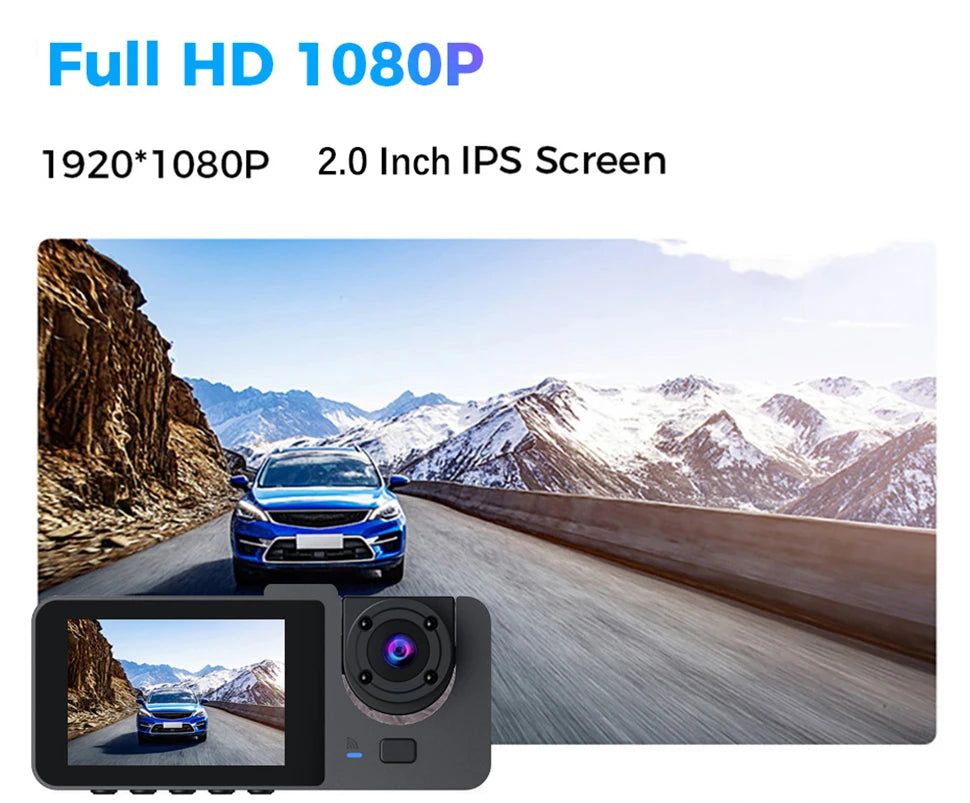 3 Channel Car DVR, Product specifications include 3 channels, IPS screen, AVI format, and various features such as time synchronization, stereo support, and language options.