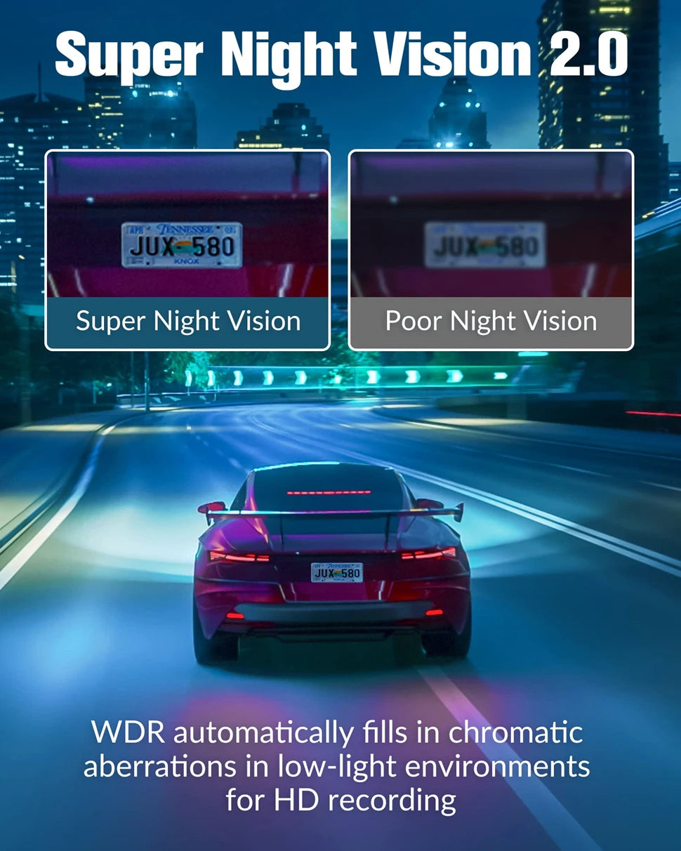 3 Channel Car DVR, Super Night Vision 2.0 technology ensures excellent low-light performance and corrects chromatic aberrations for clear HD recordings.