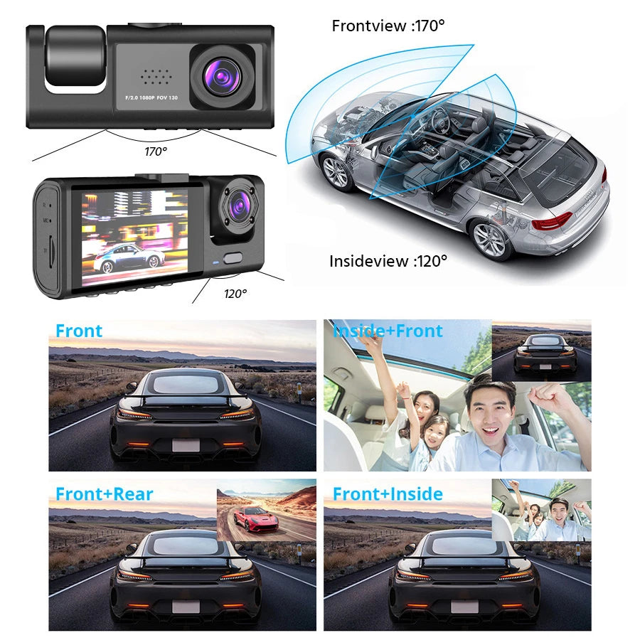 3 Channel Car DVR, The Car DVR 3 Lens features front, rear, and inside views with a total coverage area, including angles of 1709 and 1209.