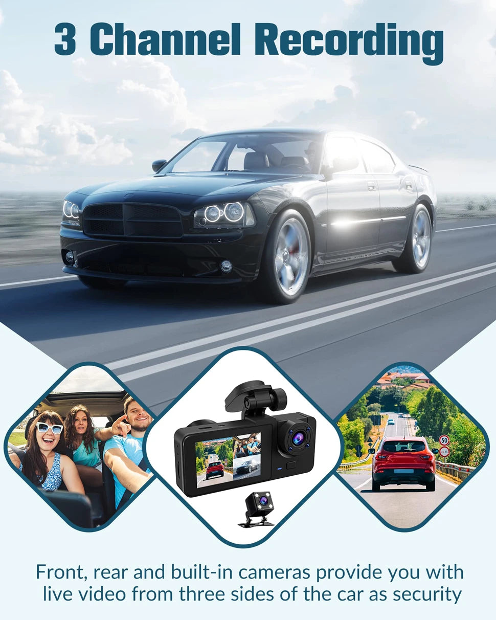 3 Channel Car DVR, The system provides live video feed from multiple angles to enhance vehicle security.