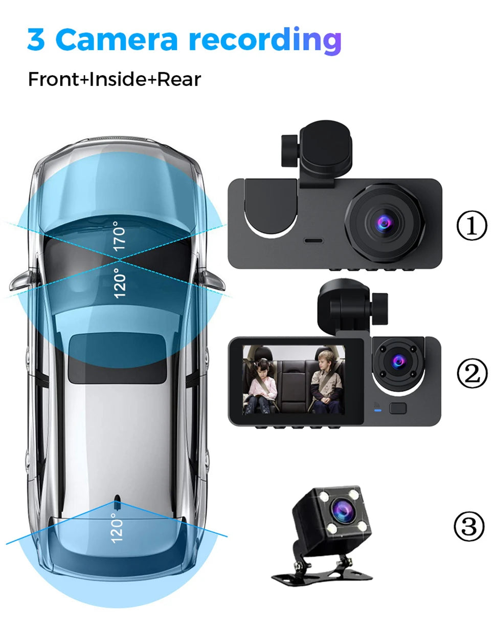 3 Channel Car DVR, Triple-camera dash cam captures three angles, runs for 8 hours on a single charge, and plays back footage on three channels.