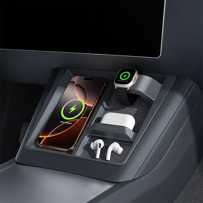 3-in-1 Wireless Charging Center Console Organizer Tray for Tesla Model 3 Highland (2024–2026+) & Tesla Model Y Juniper (2025–2026+) | Anti-Slip Silicone Storage Insert for Phone, Sunglasses & Accessories | Carbon Fiber Texture Interior Upgrade