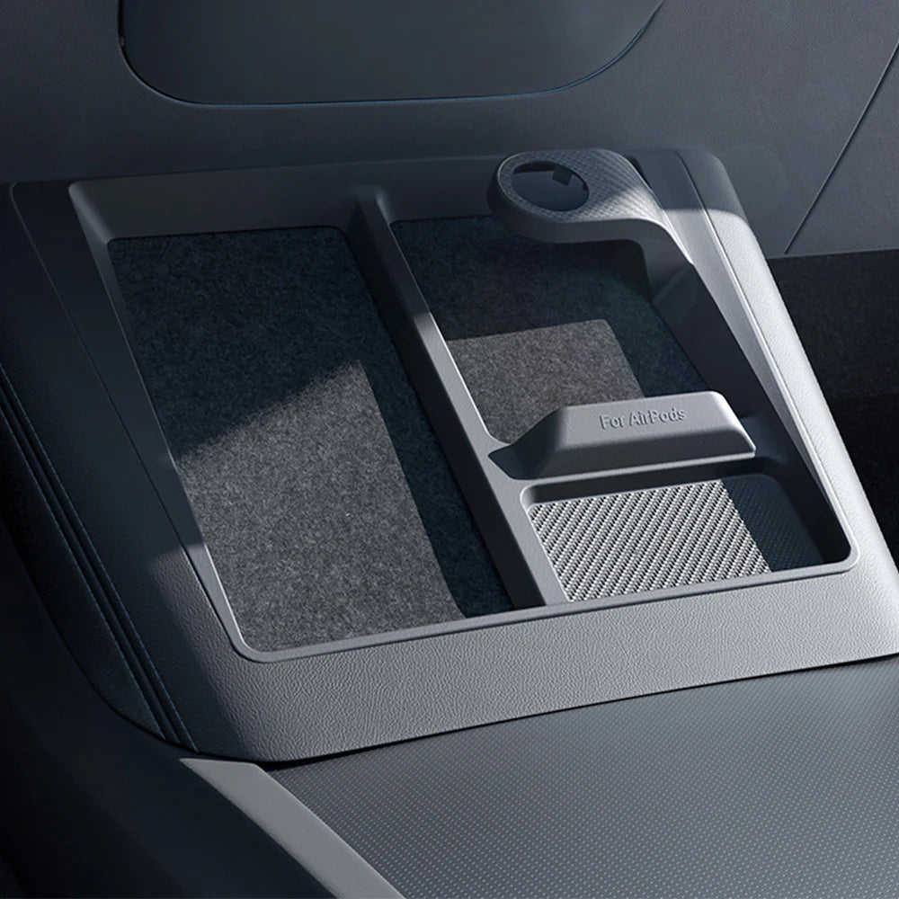 3-in-1 Wireless Charging Center Console Organizer Tray for Tesla Model 3 Highland (2024–2026+) & Tesla Model Y Juniper (2025–2026+) | Anti-Slip Silicone Storage Insert for Phone, Sunglasses & Accessories | Carbon Fiber Texture Interior Upgrade