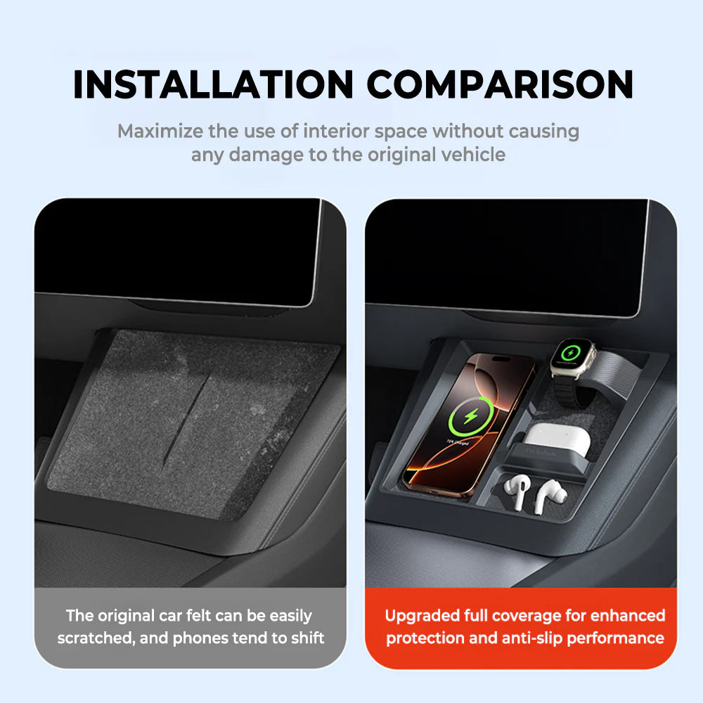 3-in-1 Wireless Charging Center Console Organizer Tray for Tesla Model 3 Highland (2024–2026+) & Tesla Model Y Juniper (2025–2026+) | Anti-Slip Silicone Storage Insert for Phone, Sunglasses & Accessories | Carbon Fiber Texture Interior Upgrade