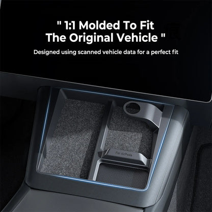 3-in-1 Wireless Charging Center Console Organizer Tray for Tesla Model 3 Highland (2024–2026+) & Tesla Model Y Juniper (2025–2026+) | Anti-Slip Silicone Storage Insert for Phone, Sunglasses & Accessories | Carbon Fiber Texture Interior Upgrade