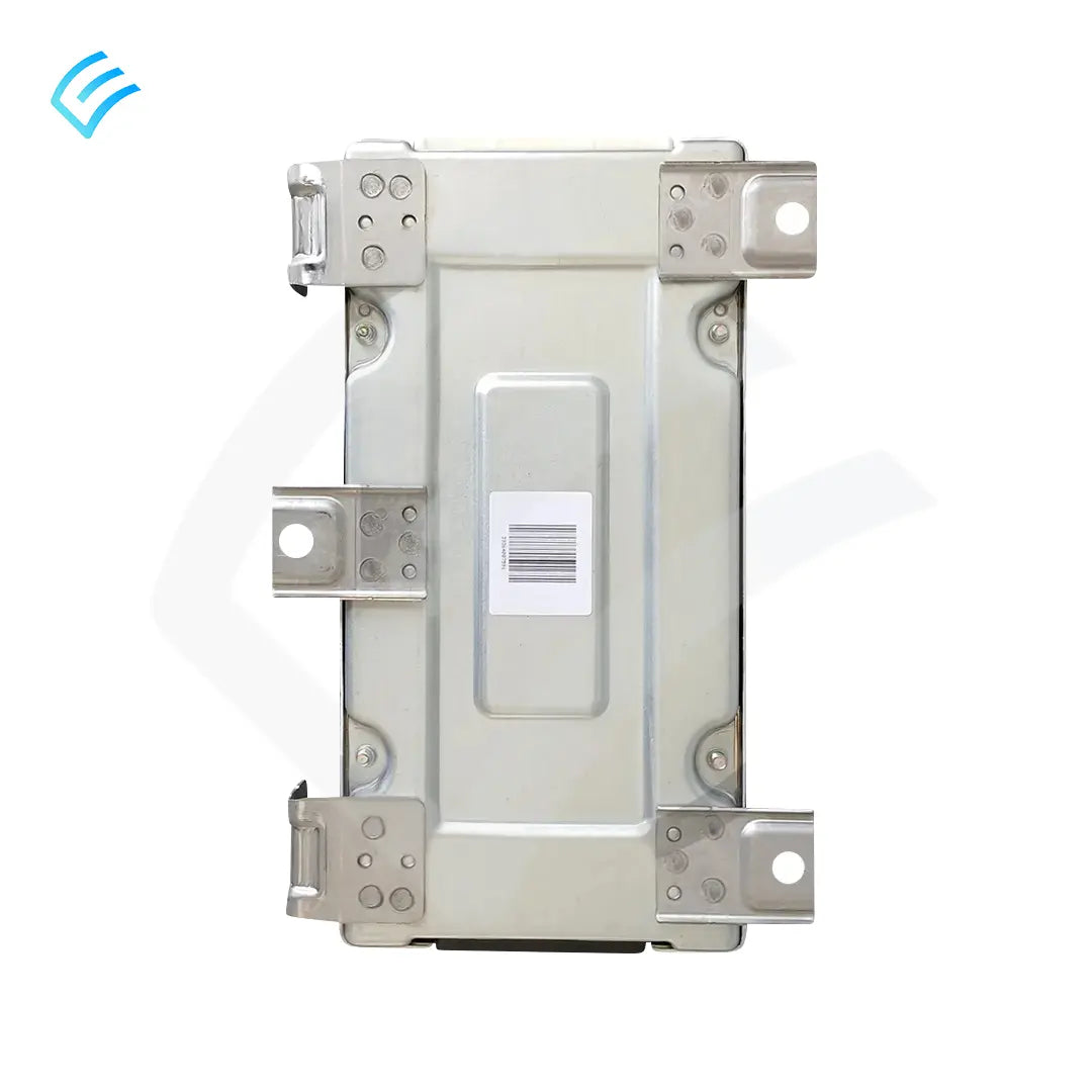 Top view of OEM metal BMU module housing with mounting brackets and barcode sticker