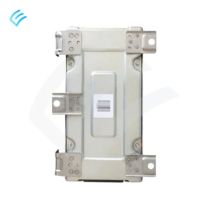 Top view of OEM metal BMU module housing with mounting brackets and barcode sticker