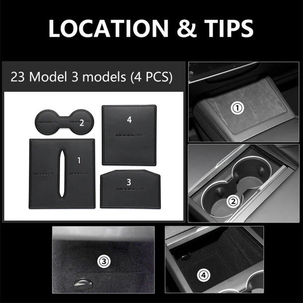 2021-2024 Tesla Model 3 Highland | Car Door Slot & Cup Holder Silicone Dust Pad Set