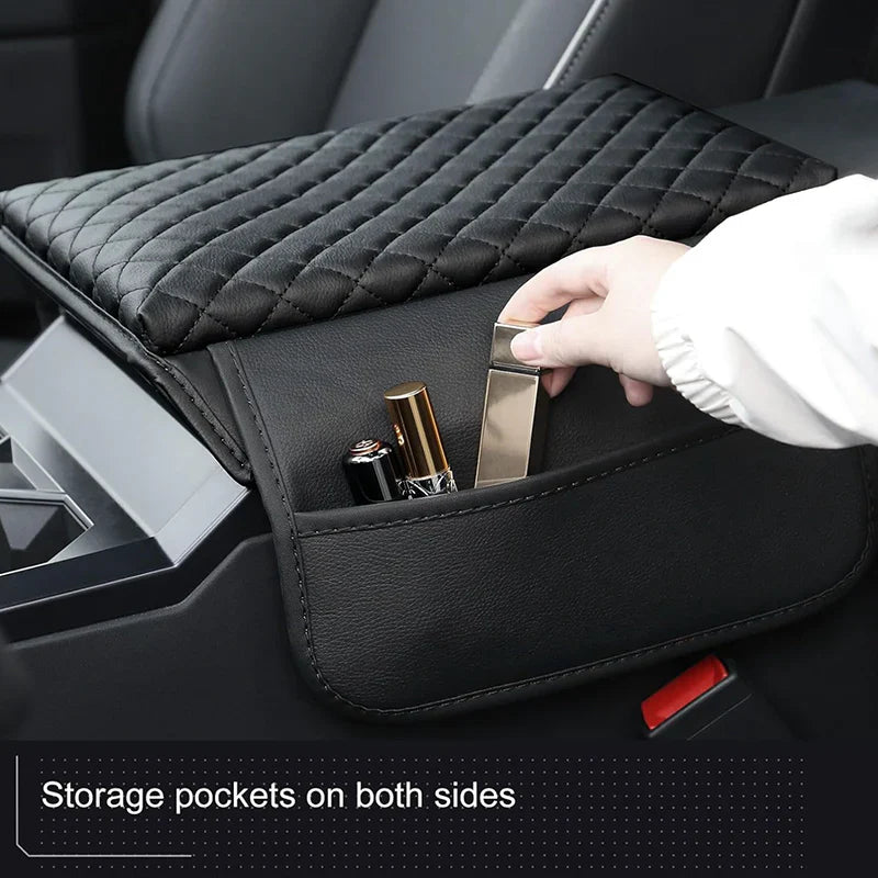 Tesla Cybertruck Padded Center Armrest Cover with Side Storage Pockets – Premium Leather Protector, Custom Fit Interior Accessory | Model Cybertruck