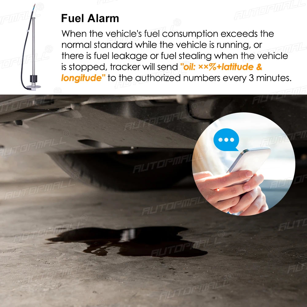 4G LTE GPS, A vehicle tracker sends alerts to authorized numbers when fuel consumption exceeds standards or shows leakage/theft, including oil percentage and location.