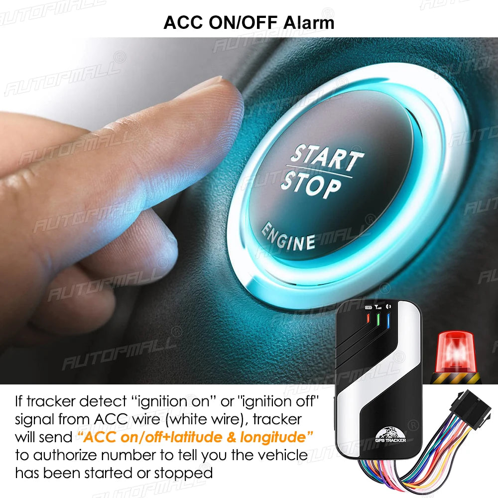 4G LTE GPS, ACC ON/OFF Alarm: Sends ignition on/off signal and location to authorized phone if tracker detects ACC wire signal.