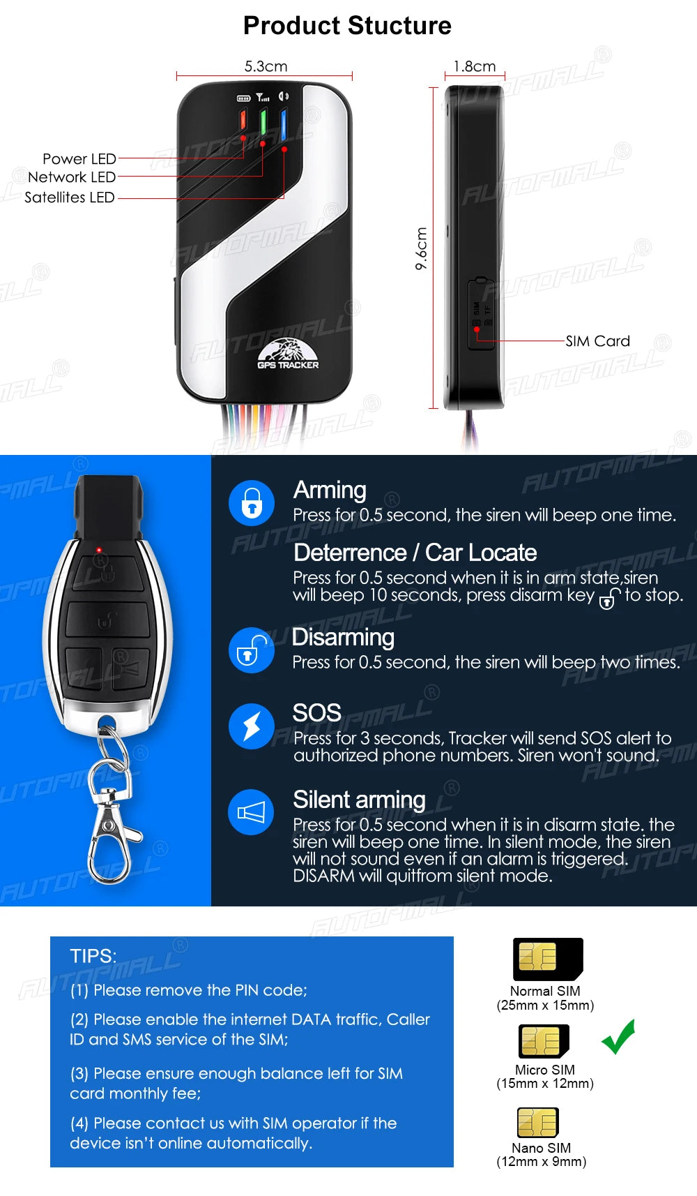 4G LTE GPS, Coban Car Tracker features include T Power LED, GPS TRACKER, and arming/disarming via button presses.