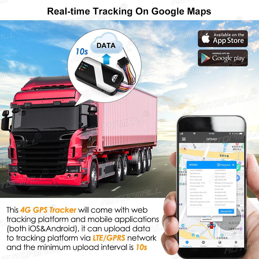 4G LTE GPS, GPS tracker for cars and motorcycles with alarm features to monitor fuel levels, door openings, and voice monitoring.