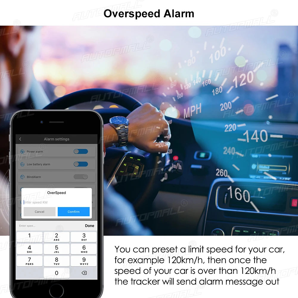 4G LTE GPS, Overspeed alarm with customizable speed limit and power alarm.