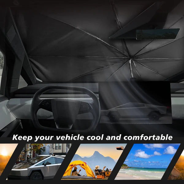 Cybertruck Windshield Sun Shade Umbrella-Style Cover — Custom Fit Heat Reflective Sunshade with 99% UV Protection, Foldable & Easy Storage for Tesla Cybertruck