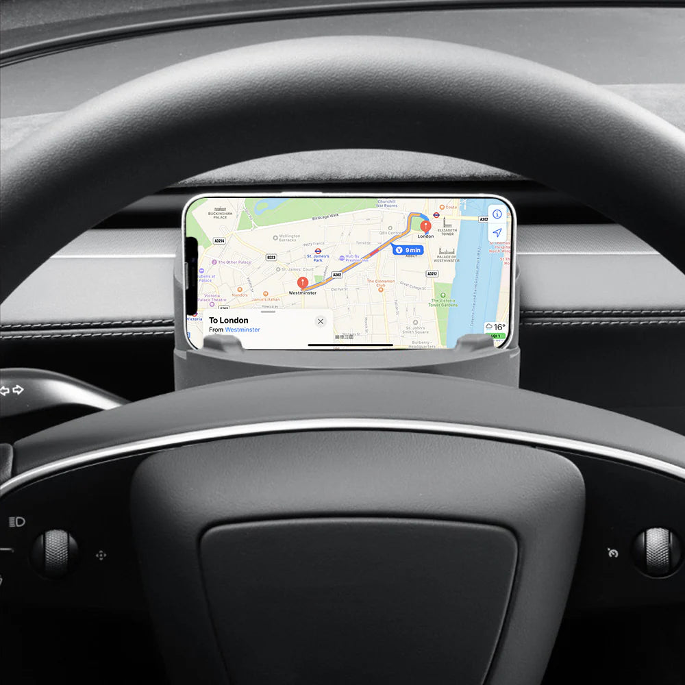 2025+ Tesla Model Y Juniper Steering Wheel Sunglasses & Phone Holder Organizer Tray | Hidden Cockpit Storage Box with Anti-Slip Mobile Mount for Tesla Model Y Standard / Long Range / Performance / Y L