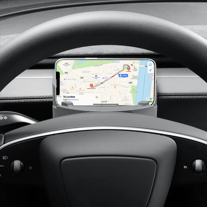 2025+ Tesla Model Y Juniper Steering Wheel Sunglasses & Phone Holder Organizer Tray | Hidden Cockpit Storage Box with Anti-Slip Mobile Mount for Tesla Model Y Standard / Long Range / Performance / Y L