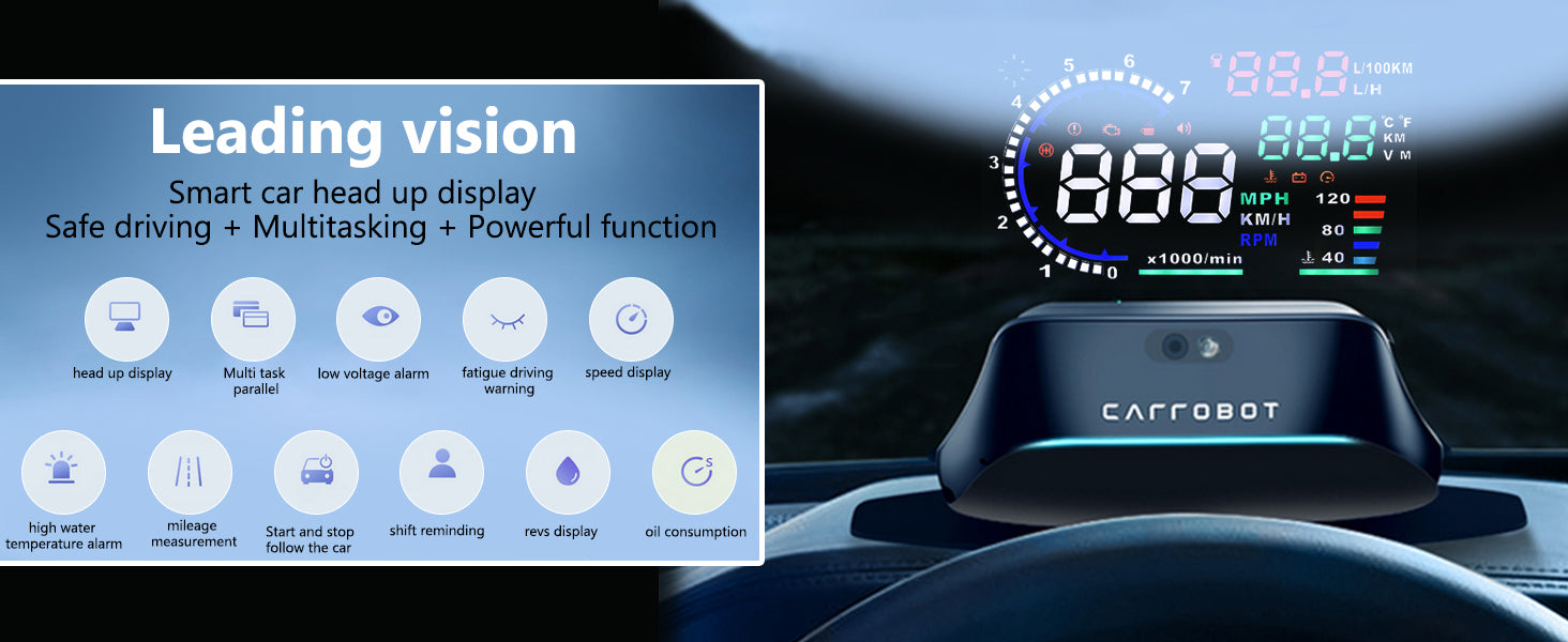 5.5'' HUD, A car head-up display with features like safe driving multitasking, RPM monitoring, and alarms for fatigue, low voltage, and oil consumption.