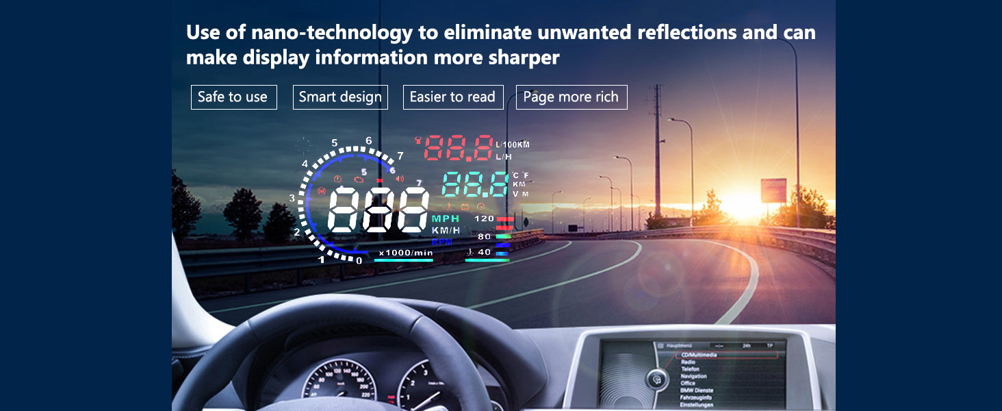 5.5'' HUD, Car HUD Display uses nanotechnology to eliminate reflections, providing a sharp and safe display with smart design for easier reading.