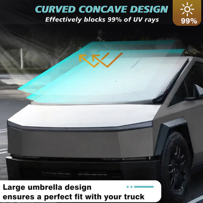 Cybertruck Windshield Sun Shade Umbrella-Style Cover — Custom Fit Heat Reflective Sunshade with 99% UV Protection, Foldable & Easy Storage for Tesla Cybertruck