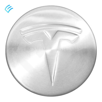 Tesla OEM wheel center cap 6005879-00-A, brushed silver face with embossed T logo