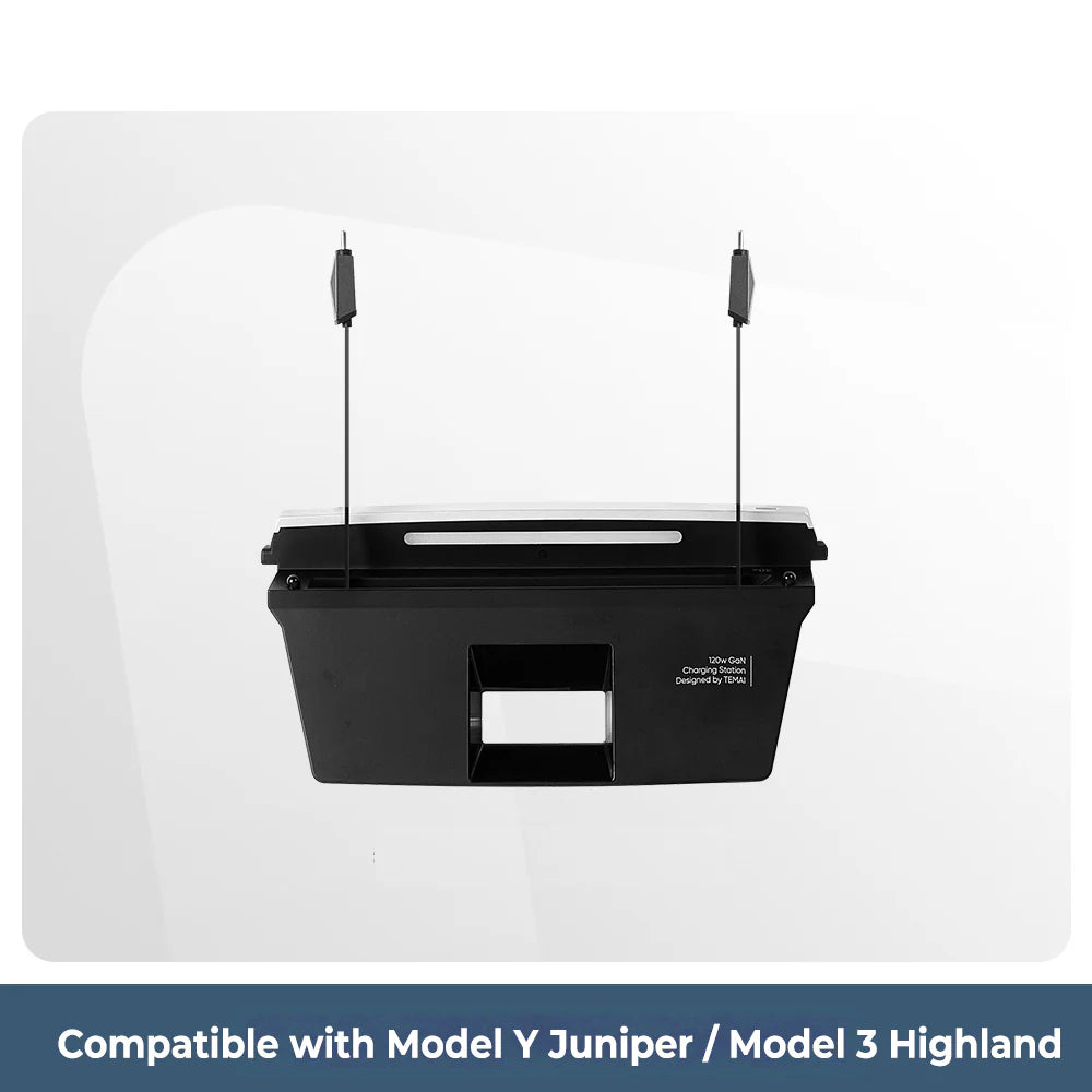 60W GaN Retractable Charging Hub for Tesla Model 3 Highland (2024+) & Model Y Juniper (2025+) – 3-Port USB-C Fast Charging Station with 75cm Retractable Cables, AVS Smart Power Management & Ambient LED Light – Center Console Integrated Upgrade