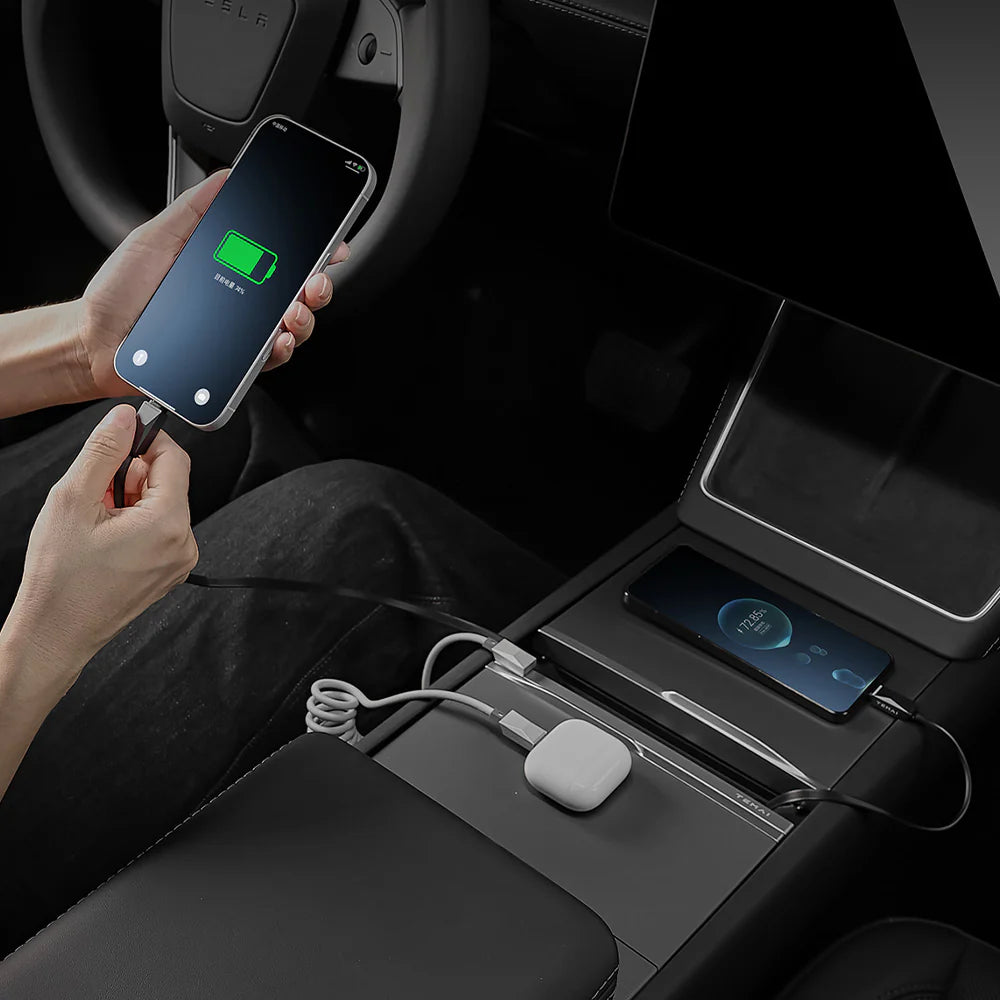 60W GaN Retractable Charging Hub for Tesla Model 3 Highland (2024+) & Model Y Juniper (2025+) – 3-Port USB-C Fast Charging Station with 75cm Retractable Cables, AVS Smart Power Management & Ambient LED Light – Center Console Integrated Upgrade