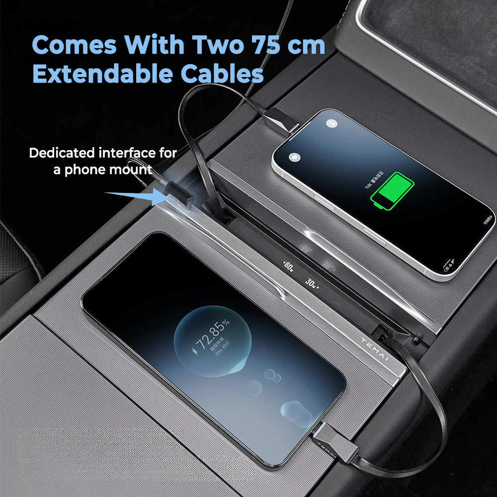 60W GaN Retractable Charging Hub for Tesla Model 3 Highland (2024+) & Model Y Juniper (2025+) – 3-Port USB-C Fast Charging Station with 75cm Retractable Cables, AVS Smart Power Management & Ambient LED Light – Center Console Integrated Upgrade