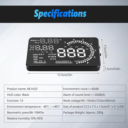 5.5'' HUD Head Display, Windshield Screen Projector Vehicle Speed, Hud Overspeed Alarm, Km/h MPH, OBDII/EUOBD Interface Plug Car Hud Screen