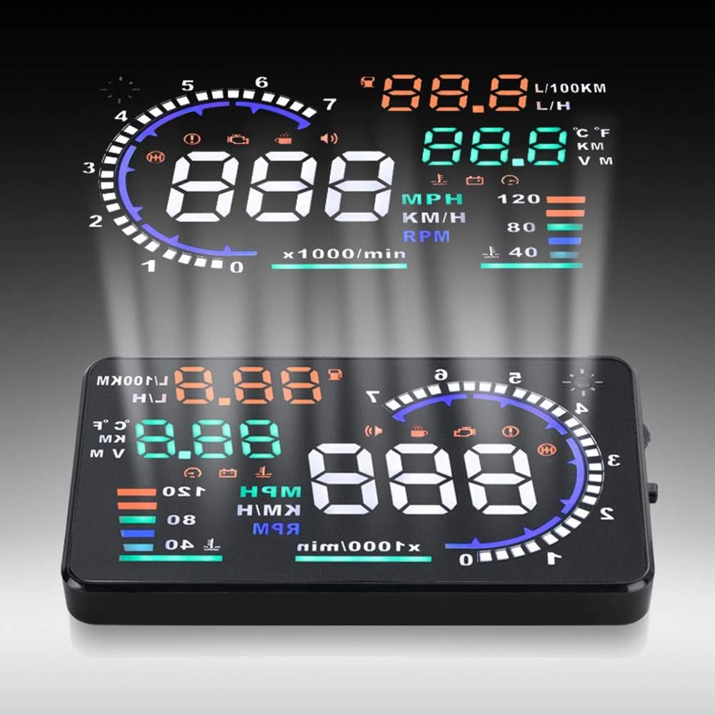 5.5'' HUD Head Display, Windshield Screen Projector Vehicle Speed, Hud Overspeed Alarm, Km/h MPH, OBDII/EUOBD Interface Plug Car Hud Screen