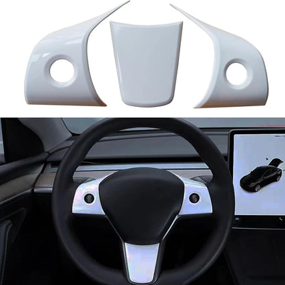2017–2023 Tesla Model 3 & 2020–2024 Model Y Steering Wheel Overlay Trim (3-Piece Set) – Matte White ABS Interior Cover