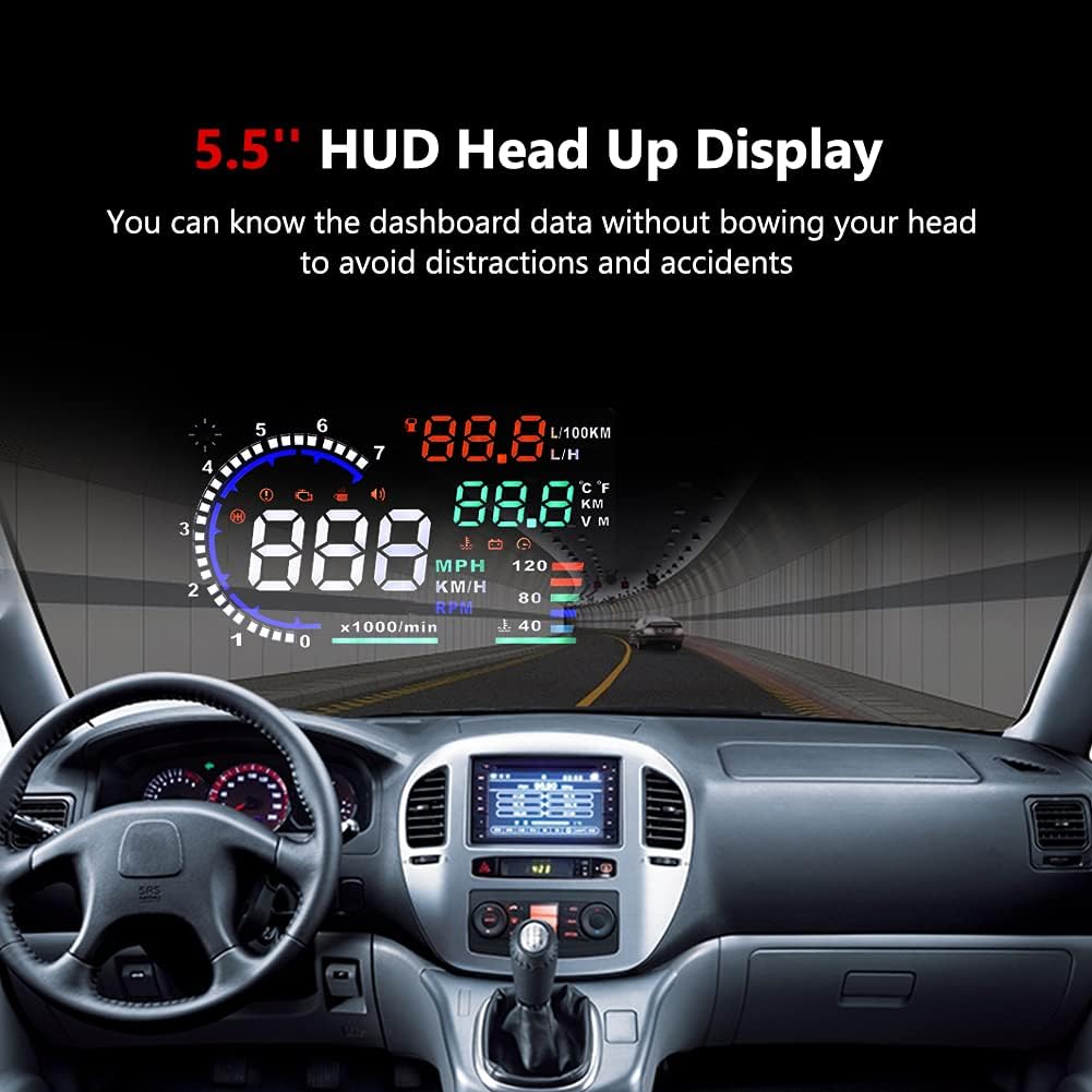 5.5'' HUD Head Display, Windshield Screen Projector Vehicle Speed, Hud Overspeed Alarm, Km/h MPH, OBDII/EUOBD Interface Plug Car Hud Screen