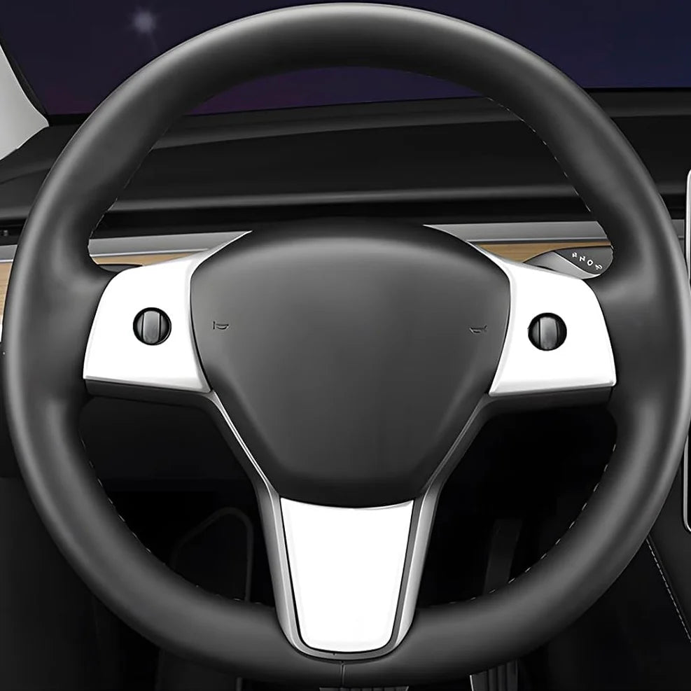 2017–2023 Tesla Model 3 & 2020–2024 Model Y Steering Wheel Overlay Trim (3-Piece Set) – Matte White ABS Interior Cover