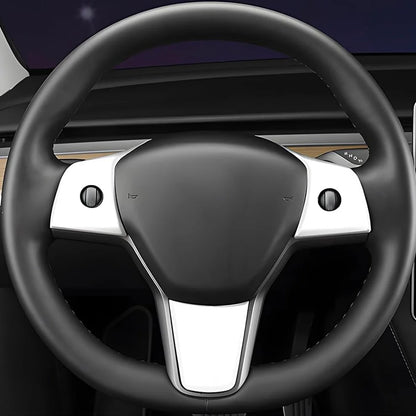 2017–2023 Tesla Model 3 & 2020–2024 Model Y Steering Wheel Overlay Trim (3-Piece Set) – Matte White ABS Interior Cover
