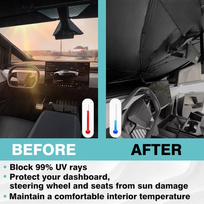 Cybertruck Windshield Sun Shade Umbrella-Style Cover — Custom Fit Heat Reflective Sunshade with 99% UV Protection, Foldable & Easy Storage for Tesla Cybertruck