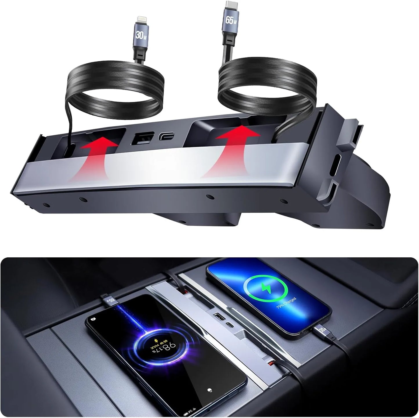 Retractable USB Hub for Tesla Model 3/Y (2017–Present) – 4-Port Fast Charging Center Console Hub with Slide Cover