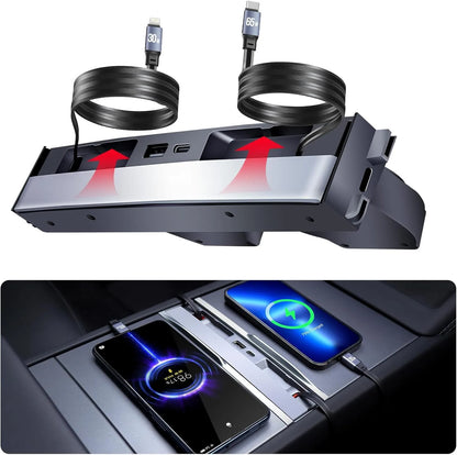 Retractable USB Hub for Tesla Model 3/Y (2017–Present) – 4-Port Fast Charging Center Console Hub with Slide Cover