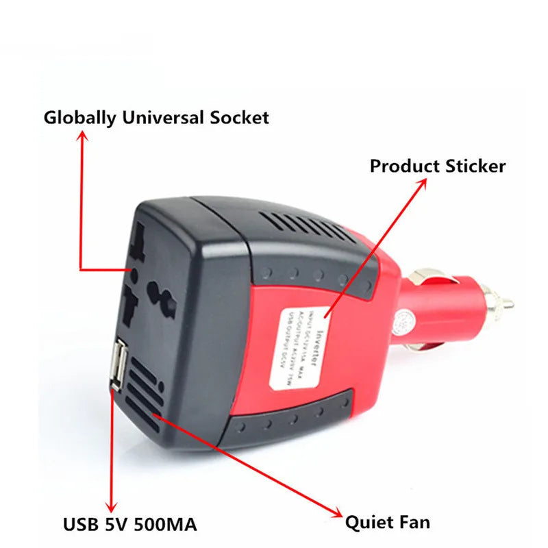 75W/150W 12V To AC 220V 110V Car Power Inverter, Product description for "Globally Universal Power Inverter with Socket and USB Port" by SOOMA Quiet Fan.