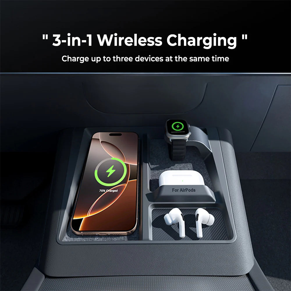 3-in-1 Wireless Charging Center Console Organizer Tray for Tesla Model 3 Highland (2024–2026+) & Tesla Model Y Juniper (2025–2026+) | Anti-Slip Silicone Storage Insert for Phone, Sunglasses & Accessories | Carbon Fiber Texture Interior Upgrade