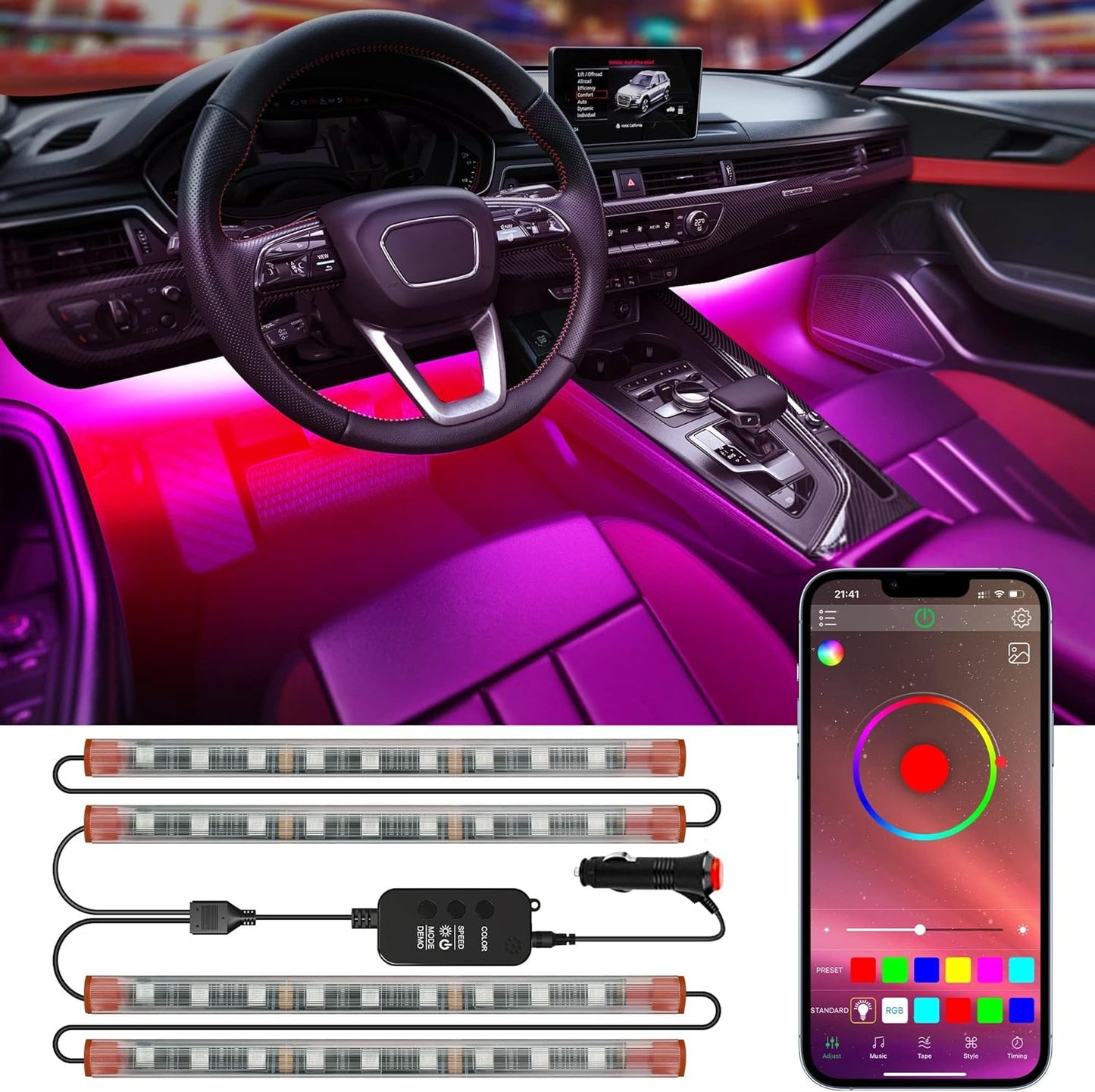 Car LED Lights,Smart App Control,RGB Inside Car Lights DIY Dynamic Color Music Mode 4Pcs Strip Lights for Cars with Car Charger, DC 12V