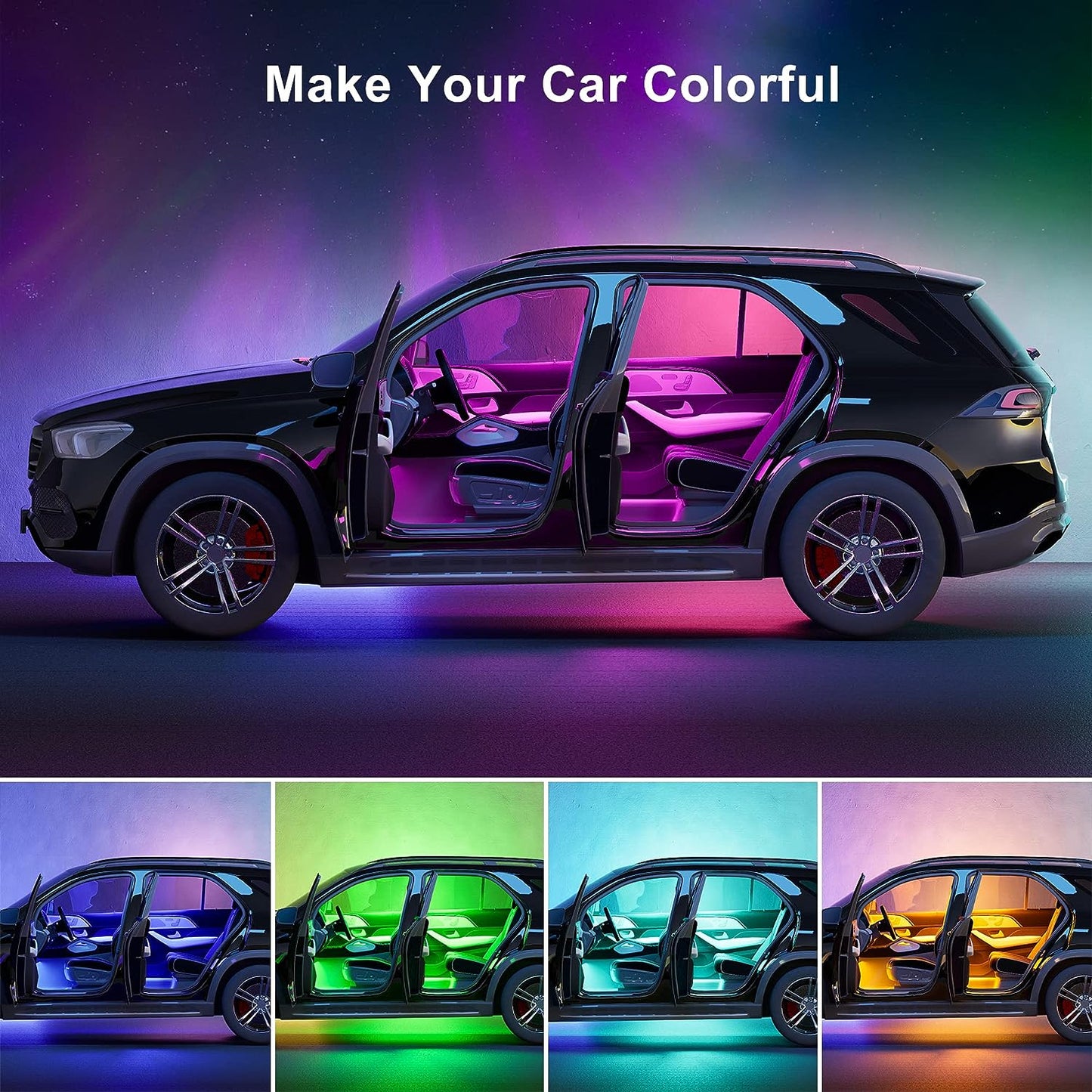 Car LED Lights,Smart App Control,RGB Inside Car Lights DIY Dynamic Color Music Mode 4Pcs Strip Lights for Cars with Car Charger, DC 12V