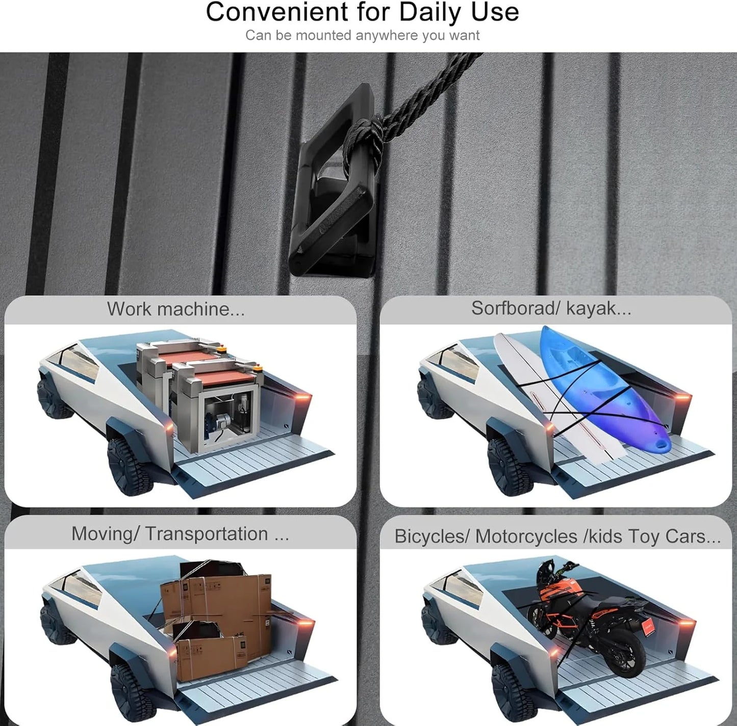 Tesla Cybertruck Bed L-Track D-Rings Cargo Anchors – Heavy-Duty Aluminum Multi-Function Tie-Downs for Truck Bed & Rear Trunk (Pair or Set of 4)