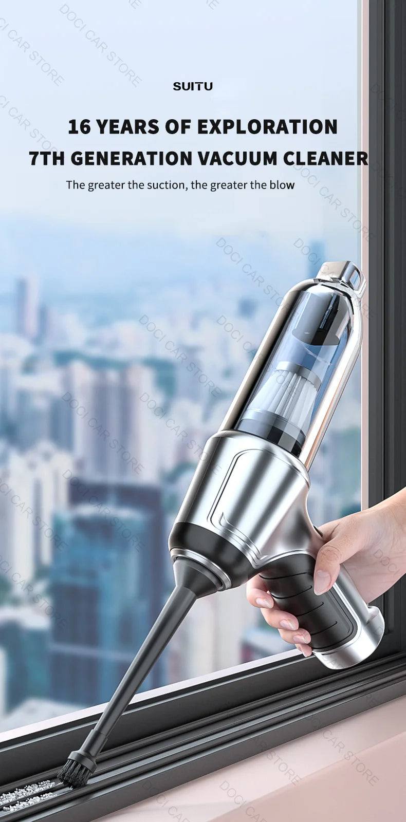 95000PA Home Appliance Car Vacuum Cleaner, A dual-core frequency conversion chip handles cleaning and adjusts current under intelligent power supply management for efficient battery pack operation.