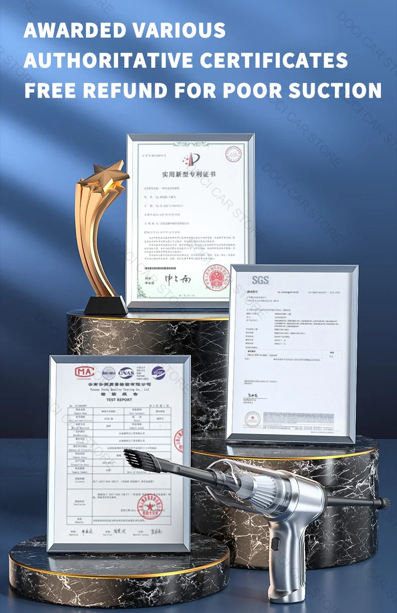 95000PA Home Appliance Car Vacuum Cleaner, The 95000PA car vacuum has received certifications and offers a 5-year warranty with free refunds if suction performance is poor.