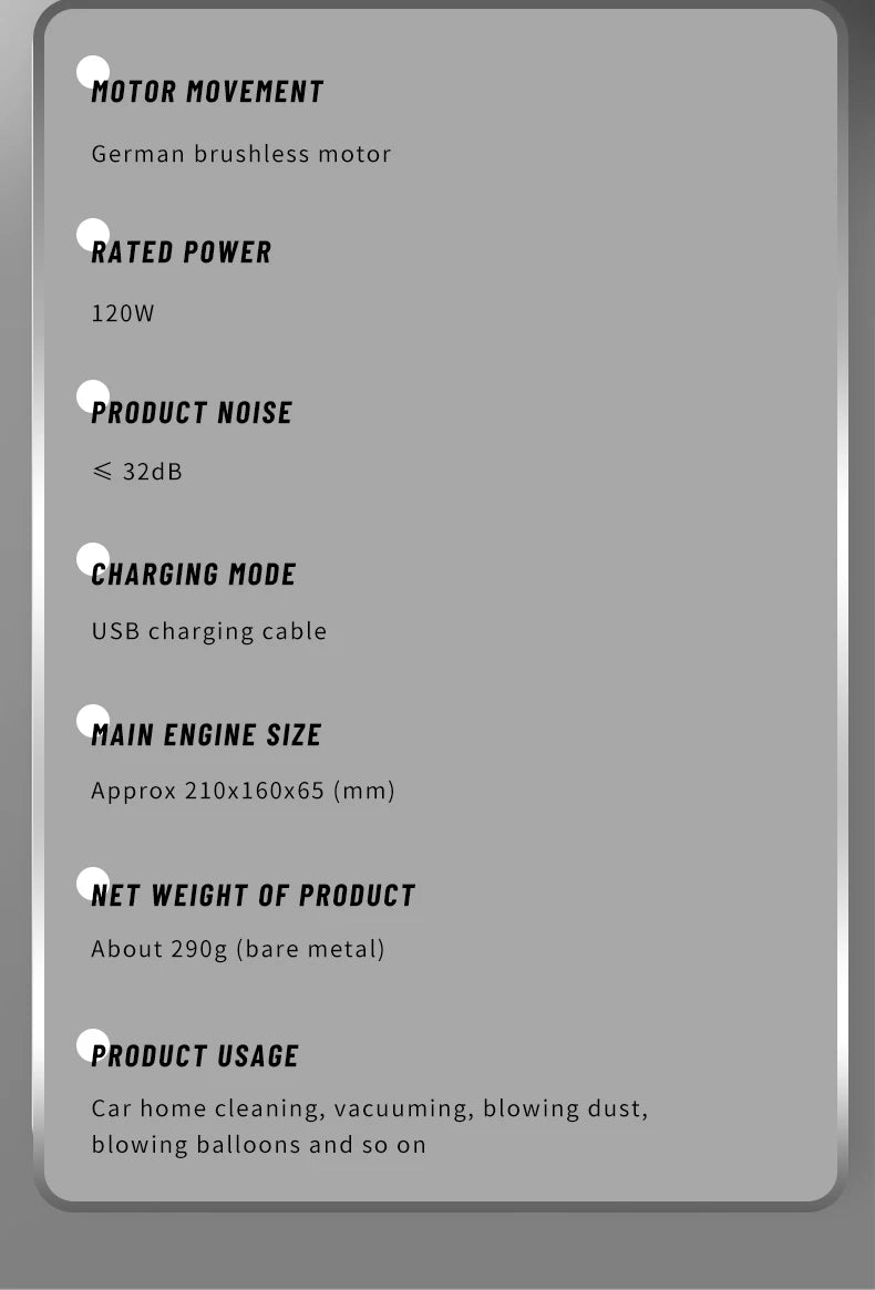 95000Pa 3 in 1 Car Wireless Vacuum Cleaner, The Dyson V11 Vac features a German brushless motor with 120W power, 32dB noise level, and USB charging, suitable for car and home cleaning.