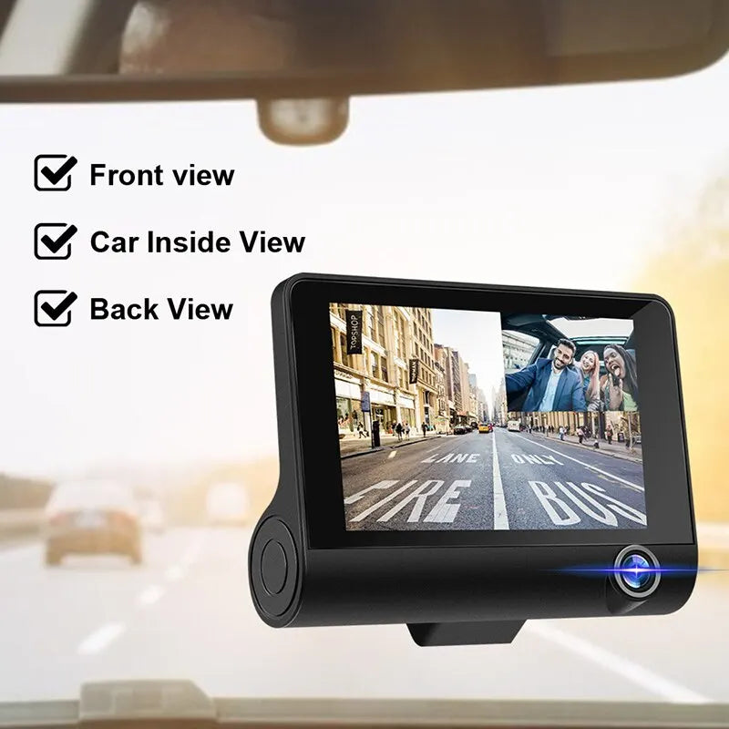 A car DVR has front, interior, and rear views using SFM tech with a 74-degree FOV.