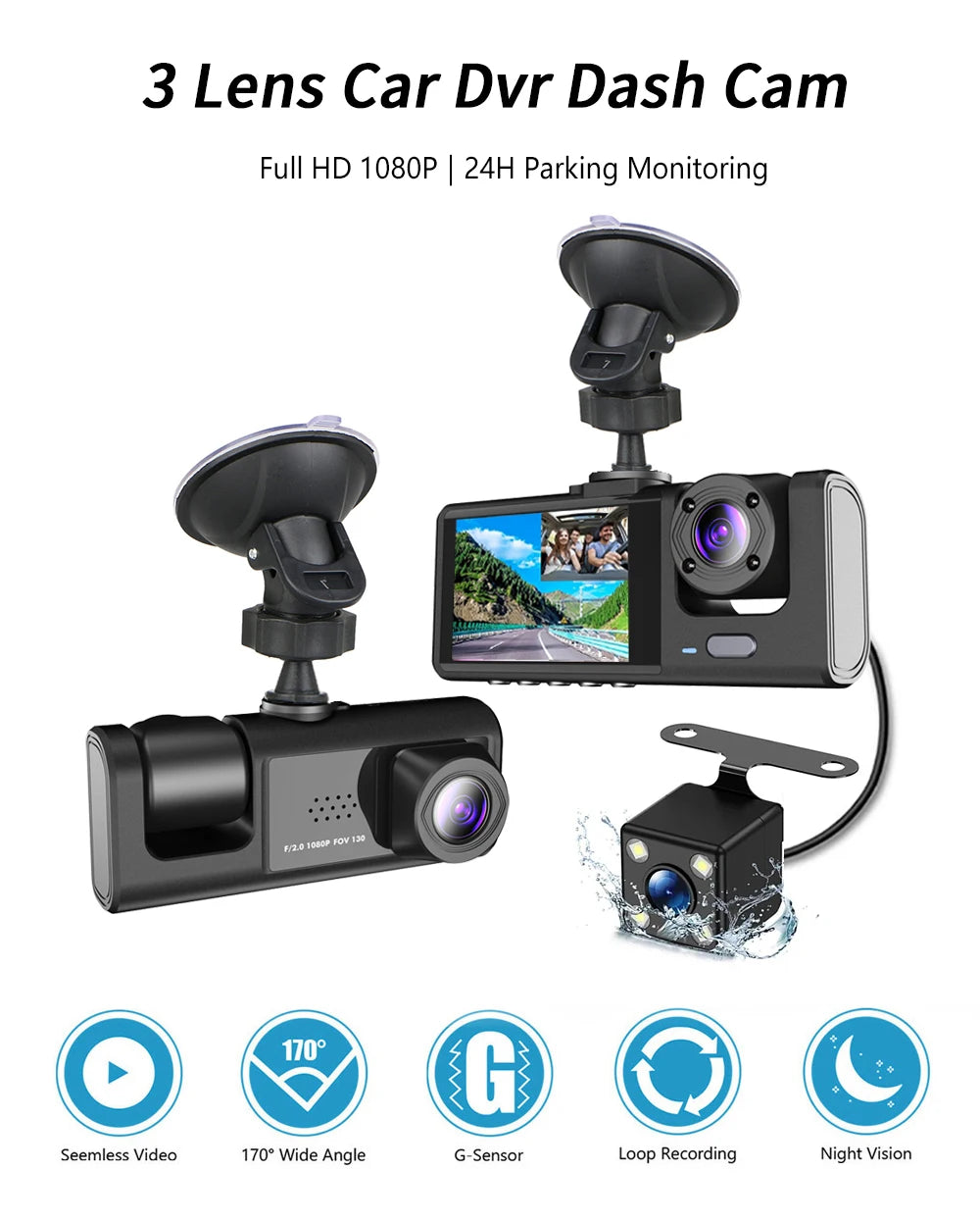 A car dash cam with full HD 1080p resolution, parking monitor, and night vision for safe driving and monitoring.