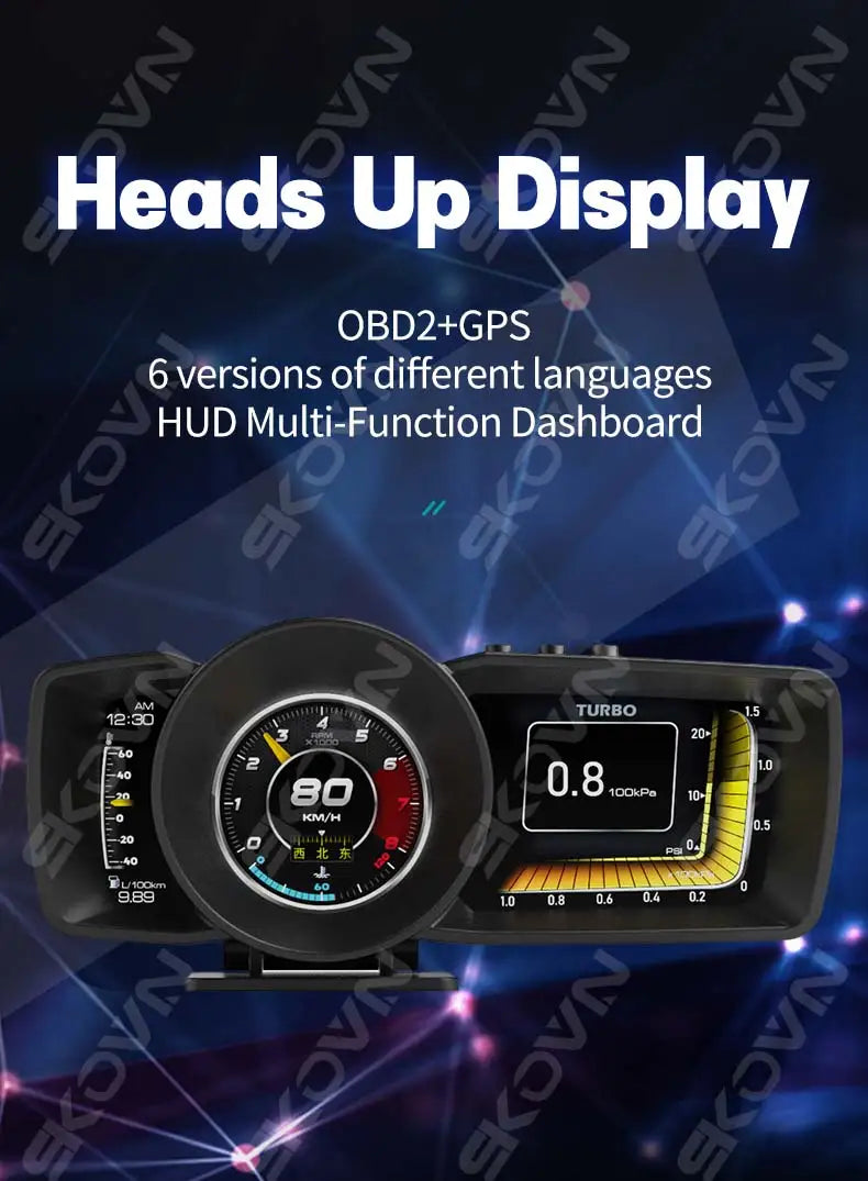 A car dashboard display showing OBDII data, GPS navigation, and turbo boost mode features for drivers.