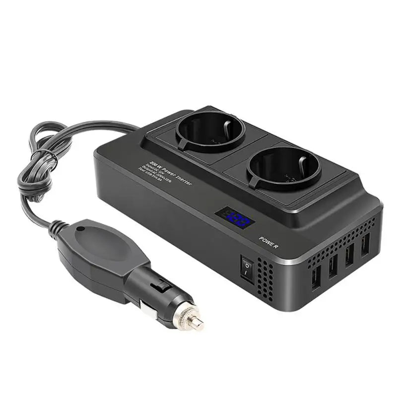 A car inverter converts 12V to 220V with a smart real-time LED display and EU plug socket.