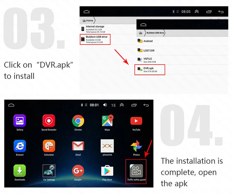 A guide for installing car dash cam software, including installation steps and accessing mobile app settings.